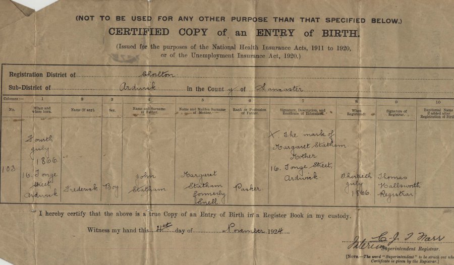Copy of Frederick's Birth Certificate